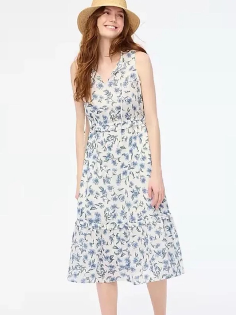 J. Crew Sleeveless Cotton Midi Dress, White And Blue Floral | Size 10